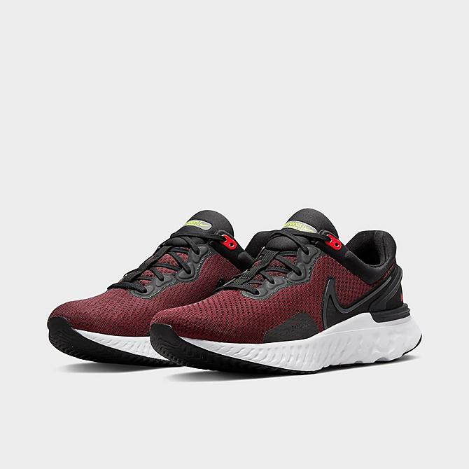 Three Quarter view of Men's Nike React Miler 3 Running Shoes in Black/Siren Red/Volt/White Click to zoom