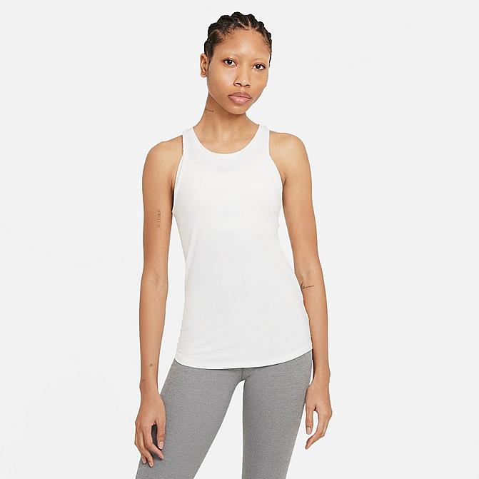 Front view of Women's Nike Dri-FIT One Luxe Slim-Fit Tank in White/Reflective Silver Click to zoom