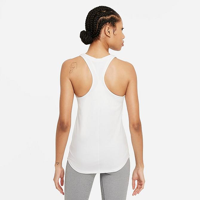 Front Three Quarter view of Women's Nike Dri-FIT One Luxe Slim-Fit Tank in White/Reflective Silver Click to zoom