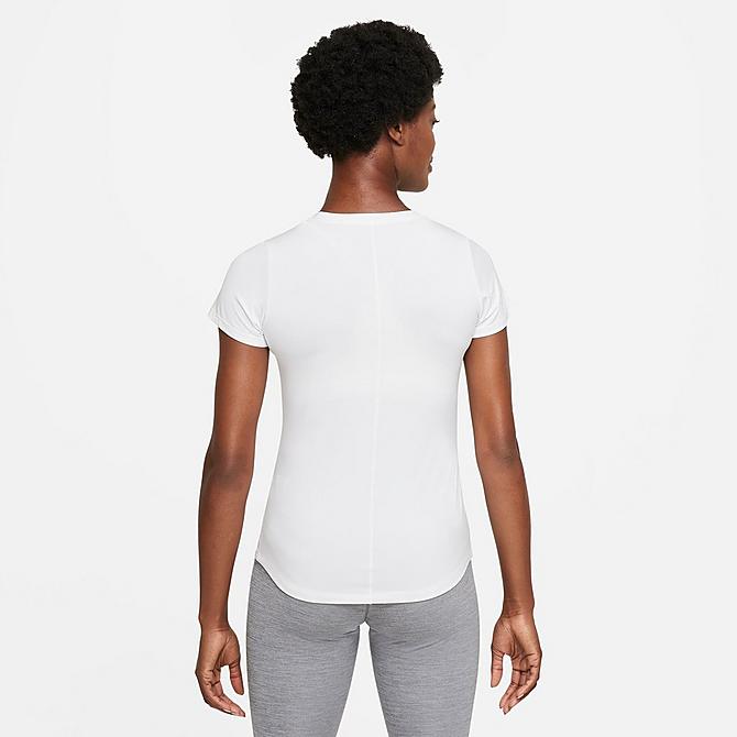 Front Three Quarter view of Women's Nike Dri-FIT One Luxe Short-Sleeve Top in White/Reflective Silver Click to zoom