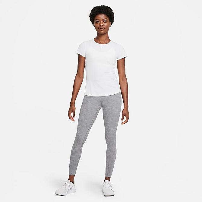 Back Left view of Women's Nike Dri-FIT One Luxe Short-Sleeve Top in White/Reflective Silver Click to zoom