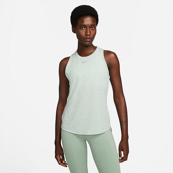 Front view of Women's Nike Dri-FIT One Luxe Standard-Fit Tank in Jade Smoke/Heather/Reflective Silver Click to zoom