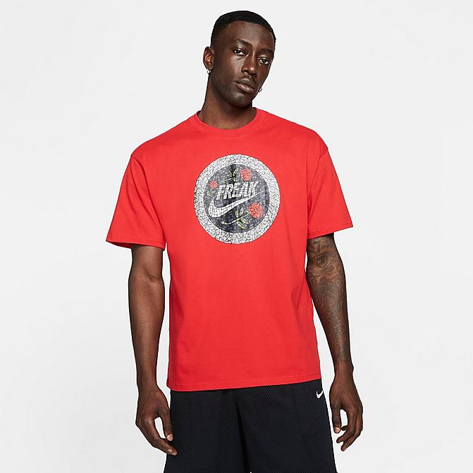 Front view of Men's Nike Giannis Swoosh Freak Basketball T-Shirt in University Red Click to zoom