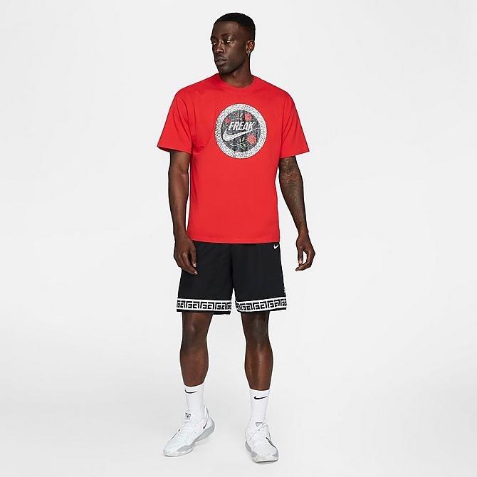 Front Three Quarter view of Men's Nike Giannis Swoosh Freak Basketball T-Shirt in University Red Click to zoom