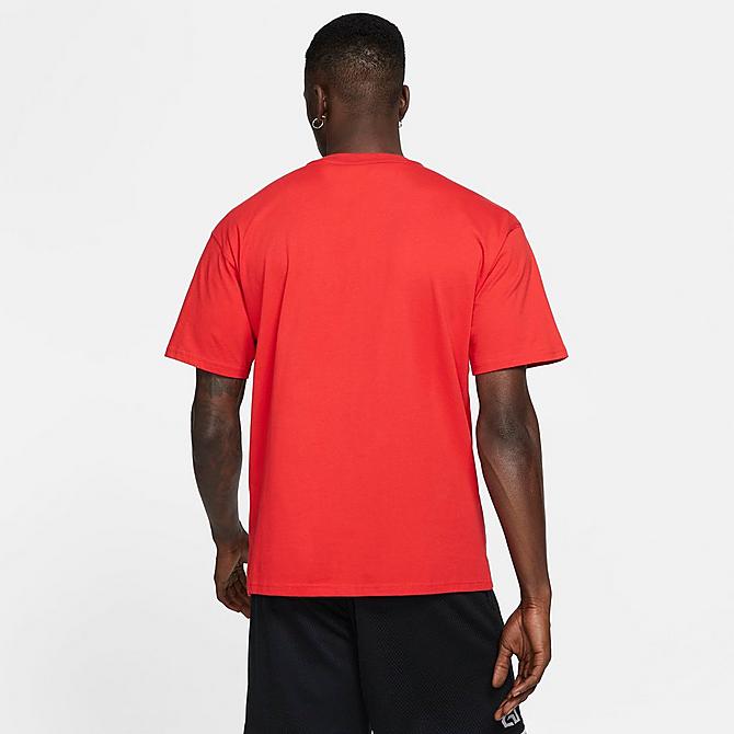 Back Left view of Men's Nike Giannis Swoosh Freak Basketball T-Shirt in University Red Click to zoom
