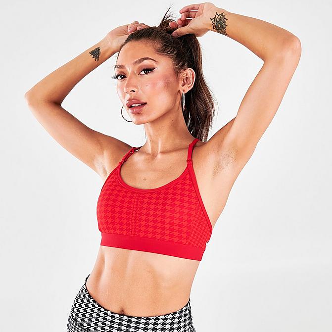 Front view of Women's Nike Dri-FIT Indy Icon Clash Padded T-Back Light-Support Sports Bra in Chile Red/University Red/White Click to zoom