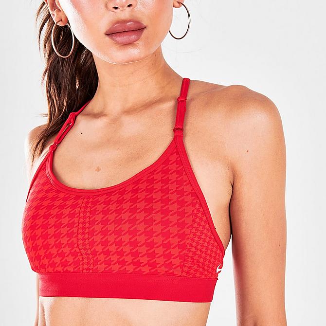On Model 5 view of Women's Nike Dri-FIT Indy Icon Clash Padded T-Back Light-Support Sports Bra in Chile Red/University Red/White Click to zoom