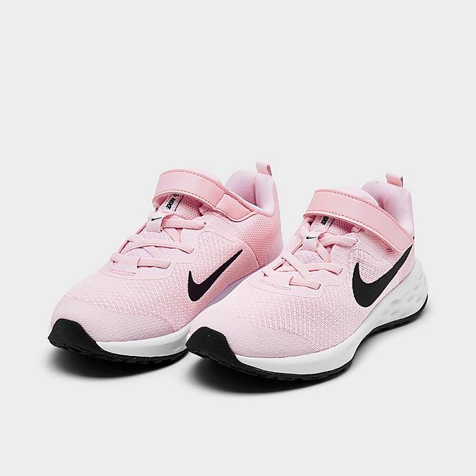Three Quarter view of Girls' Little Kids' Nike Revolution 6 Running Shoes in Pink Foam/Black Click to zoom