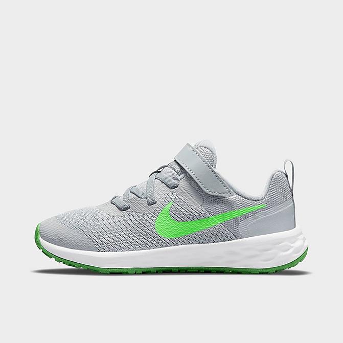 Right view of Little Kids' Nike Revolution 6 Running Shoes in Light Smoke Grey/Green Strike/Dark Smoke Grey/Chrome Click to zoom