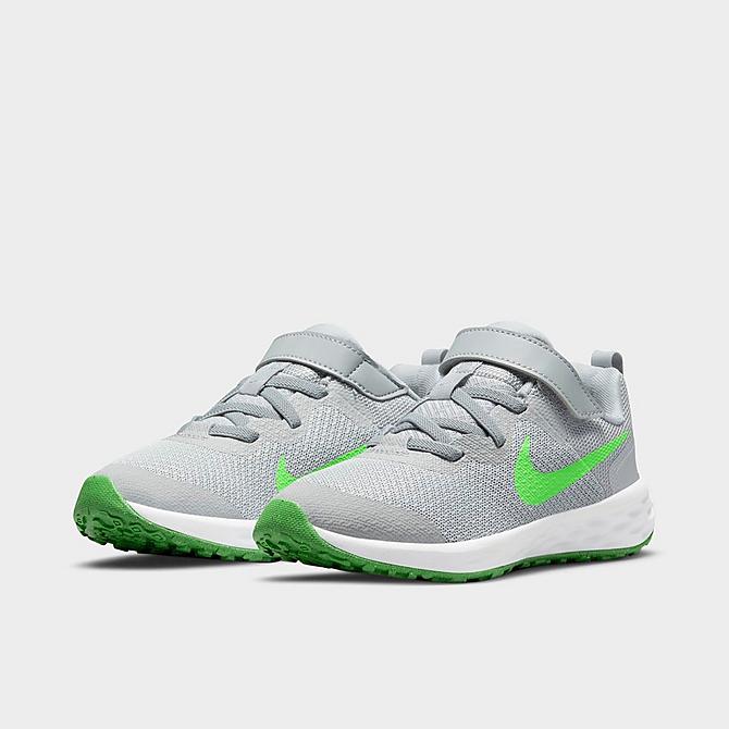 Three Quarter view of Little Kids' Nike Revolution 6 Running Shoes in Light Smoke Grey/Green Strike/Dark Smoke Grey/Chrome Click to zoom
