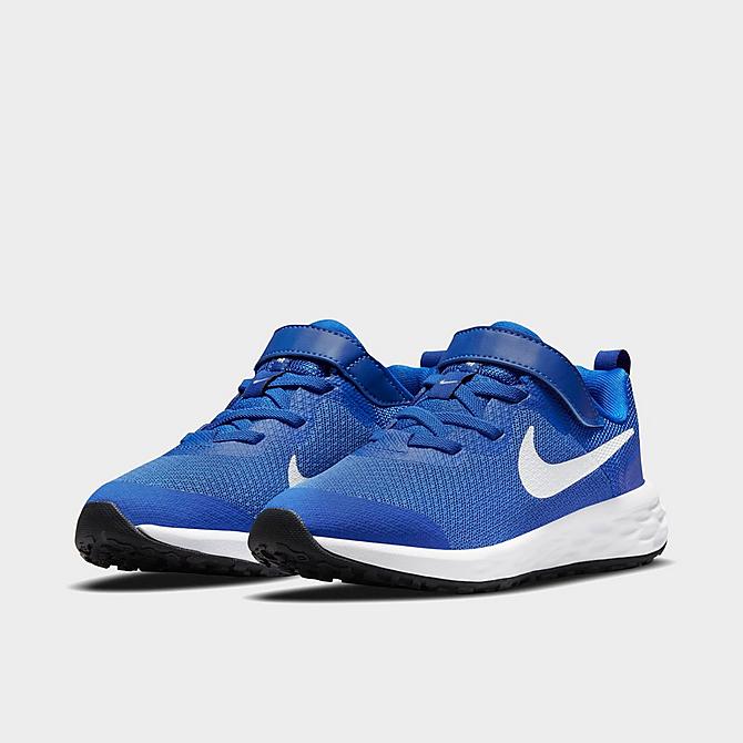 Three Quarter view of Little Kids' Nike Revolution 6 Running Shoes in Game Royal/Black/White Click to zoom