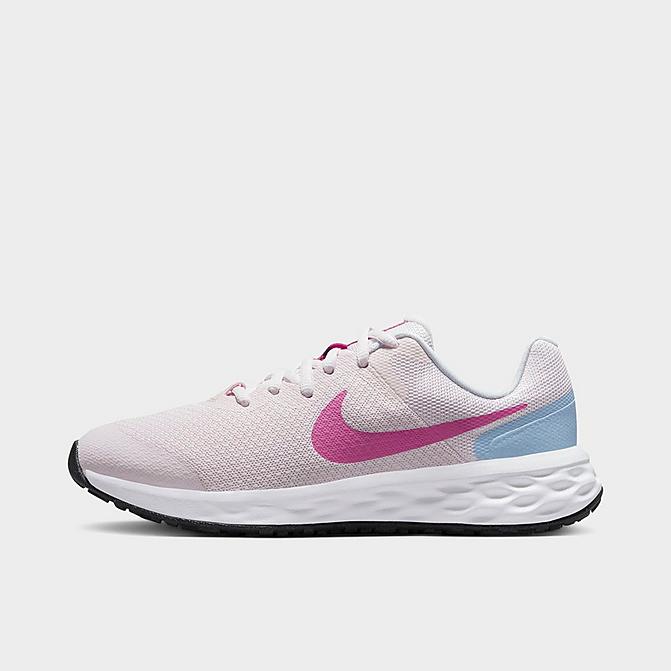 Right view of Girls' Big Kids' Nike Revolution 6 Running Shoes in Pearl Pink/Cosmic Fuchsia/Cobalt Bliss/Football Grey Click to zoom