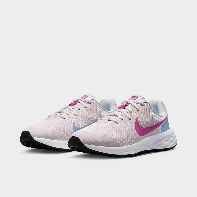 Three Quarter view of Girls' Big Kids' Nike Revolution 6 Running Shoes in Pearl Pink/Cosmic Fuchsia/Cobalt Bliss/Football Grey Click to zoom