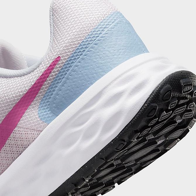 Front view of Girls' Big Kids' Nike Revolution 6 Running Shoes in Pearl Pink/Cosmic Fuchsia/Cobalt Bliss/Football Grey Click to zoom