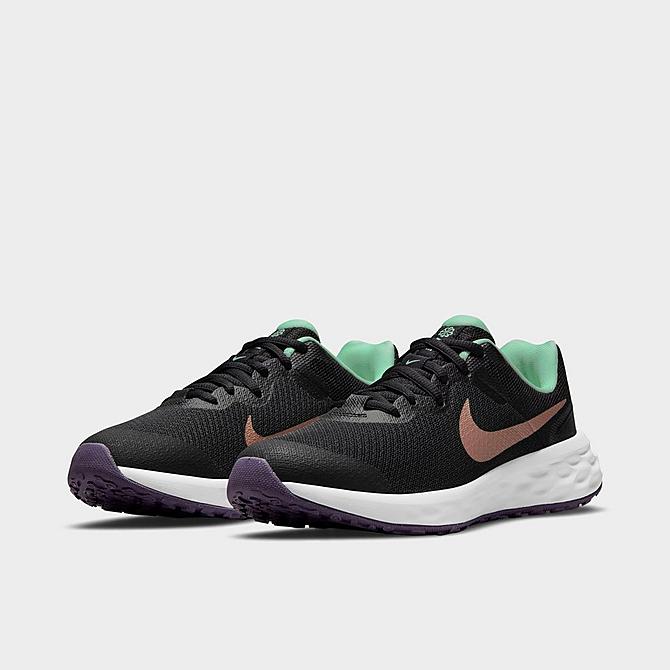 Three Quarter view of Big Kids' Nike Revolution 6 Running Shoes in Black/Mint Foam/Canyon Purple/Metallic Red Bronze Click to zoom