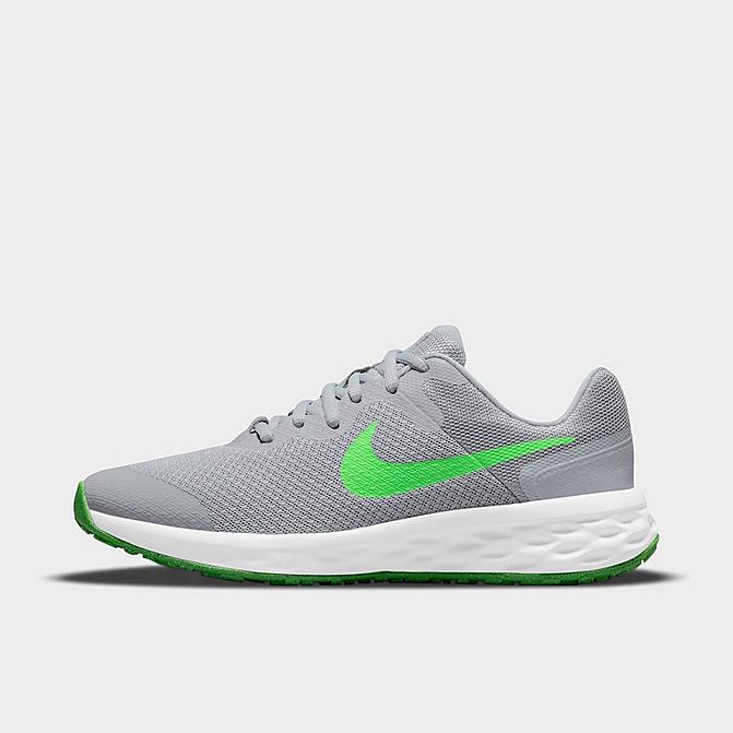 Right view of Big Kids' Nike Revolution 6 Running Shoes in Light Smoke Grey/Green Strike/Dark Smoke Grey/Chrome Click to zoom