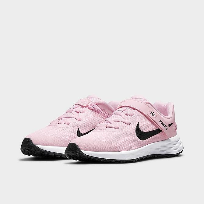 Three Quarter view of Girls' Little Kids' Nike Revolution 6 FlyEase Running Shoes in Pink Foam/Black Click to zoom