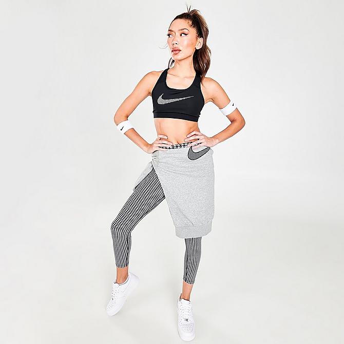Front Three Quarter view of Women's Nike Dri-FIT Swoosh Icon Clash Medium-Support Non-Padded Graphic Sports Bra in Black/White Click to zoom