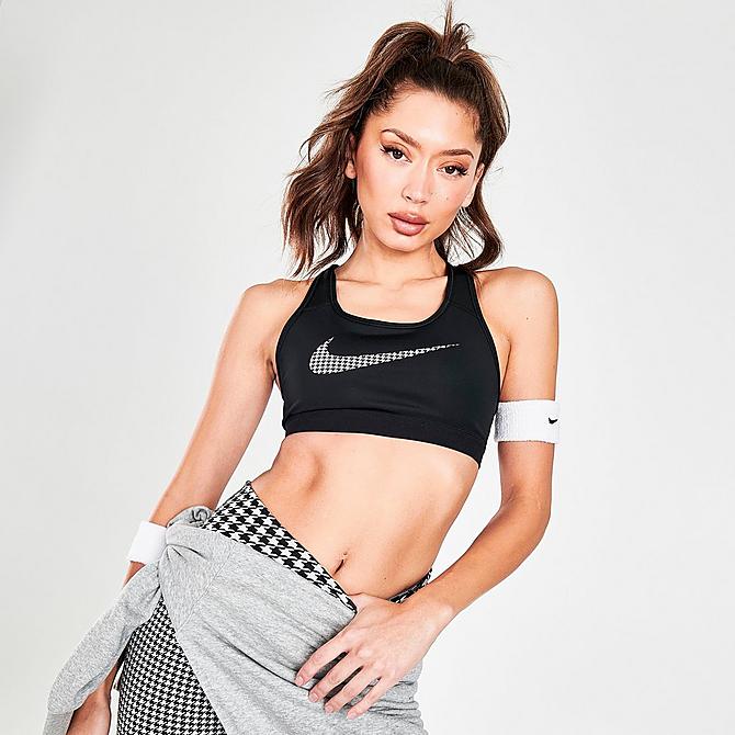 Back Left view of Women's Nike Dri-FIT Swoosh Icon Clash Medium-Support Non-Padded Graphic Sports Bra in Black/White Click to zoom