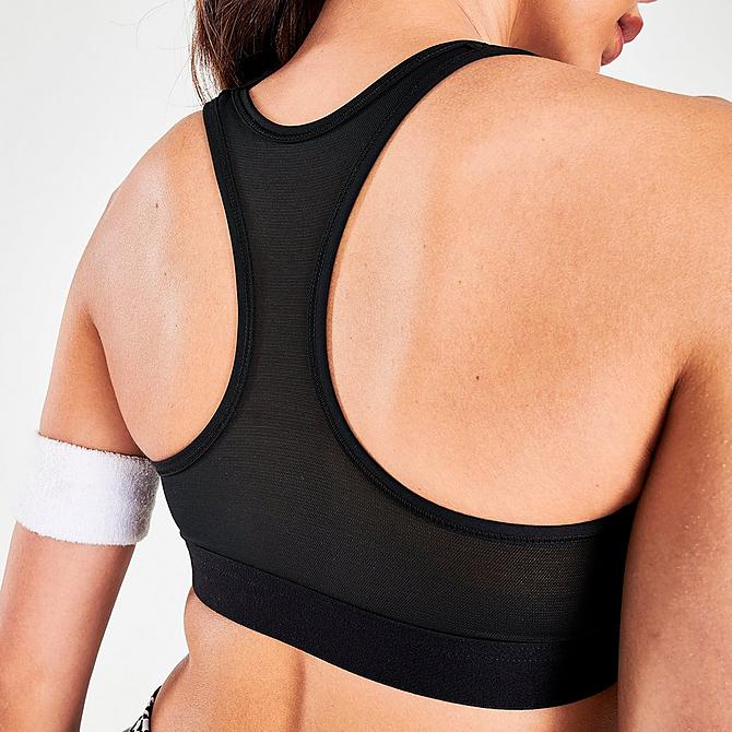 On Model 5 view of Women's Nike Dri-FIT Swoosh Icon Clash Medium-Support Non-Padded Graphic Sports Bra in Black/White Click to zoom