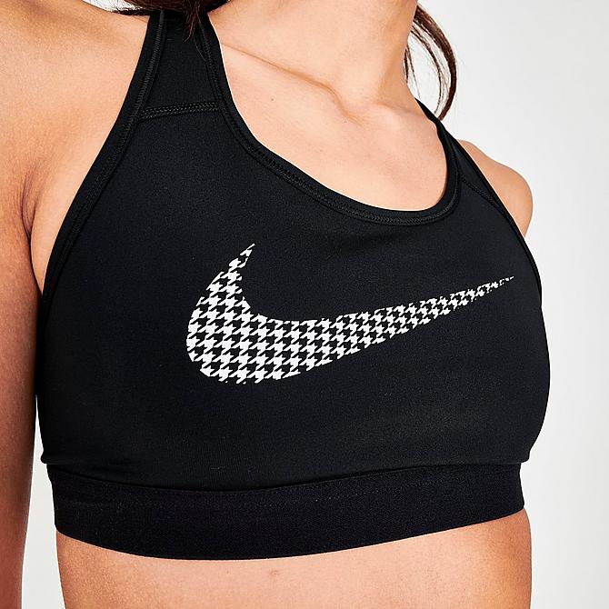 On Model 6 view of Women's Nike Dri-FIT Swoosh Icon Clash Medium-Support Non-Padded Graphic Sports Bra in Black/White Click to zoom