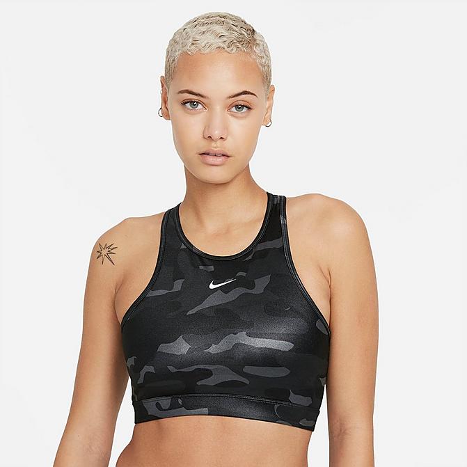 Front view of Women's Nike Dri-FIT Swoosh One-Piece Pad High-Neck Medium-Support Sports Bra in Iron Grey/Black/White Click to zoom