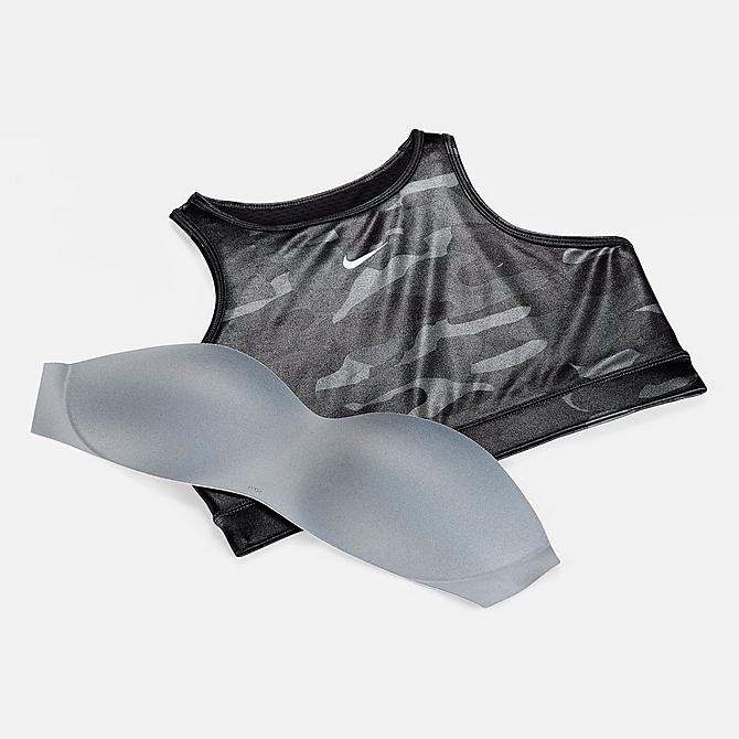 Back Right view of Women's Nike Dri-FIT Swoosh One-Piece Pad High-Neck Medium-Support Sports Bra in Iron Grey/Black/White Click to zoom