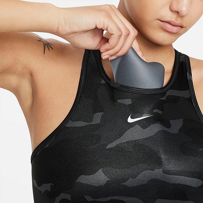 On Model 5 view of Women's Nike Dri-FIT Swoosh One-Piece Pad High-Neck Medium-Support Sports Bra in Iron Grey/Black/White Click to zoom