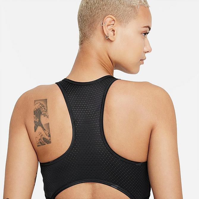 On Model 6 view of Women's Nike Dri-FIT Swoosh One-Piece Pad High-Neck Medium-Support Sports Bra in Iron Grey/Black/White Click to zoom