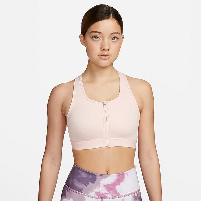 Front view of Women's Nike Dri-FIT Swoosh Medium-Support Padded Zip-Front Sports Bra in Atmosphere/White Click to zoom