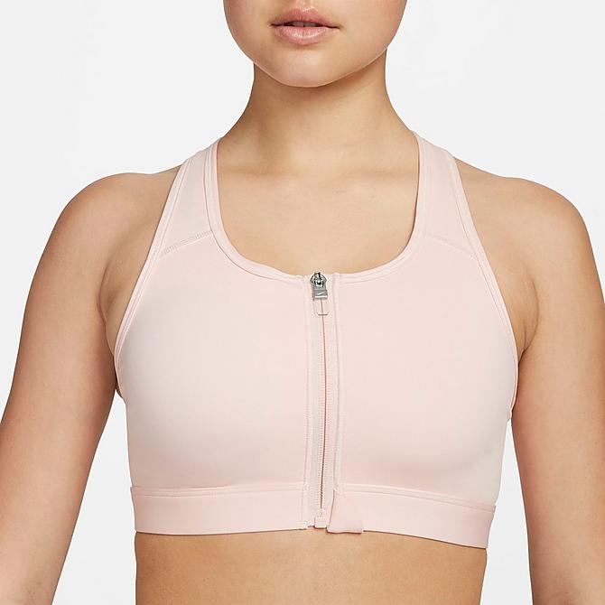 Back Left view of Women's Nike Dri-FIT Swoosh Medium-Support Padded Zip-Front Sports Bra in Atmosphere/White Click to zoom