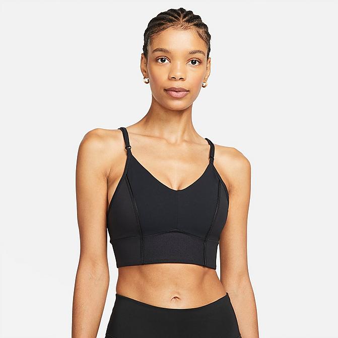 Front view of Women's Nike Yoga Dri-FIT Indy Light-Support Padded Longline Sports Bra in Black/Dark Smoke Grey Click to zoom