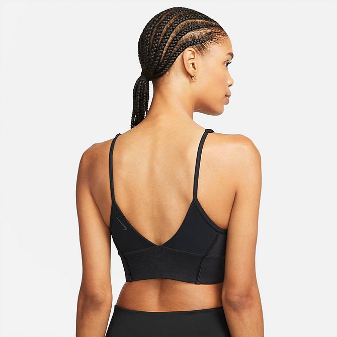 Front Three Quarter view of Women's Nike Yoga Dri-FIT Indy Light-Support Padded Longline Sports Bra in Black/Dark Smoke Grey Click to zoom