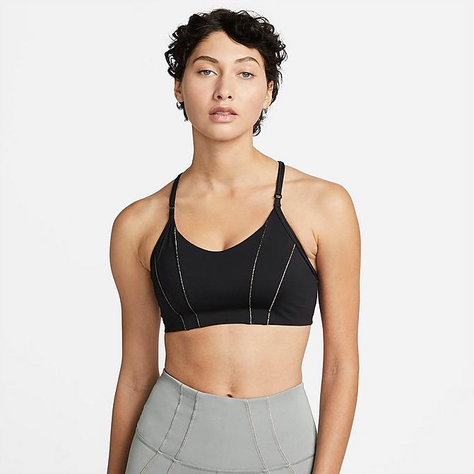 Front view of Women's Nike Yoga Dri-FIT Indy Metallic Tape Light-Support Padded Sports Bra in Black/Dark Smoke Grey Click to zoom