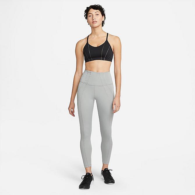 Back Left view of Women's Nike Yoga Dri-FIT Indy Metallic Tape Light-Support Padded Sports Bra in Black/Dark Smoke Grey Click to zoom