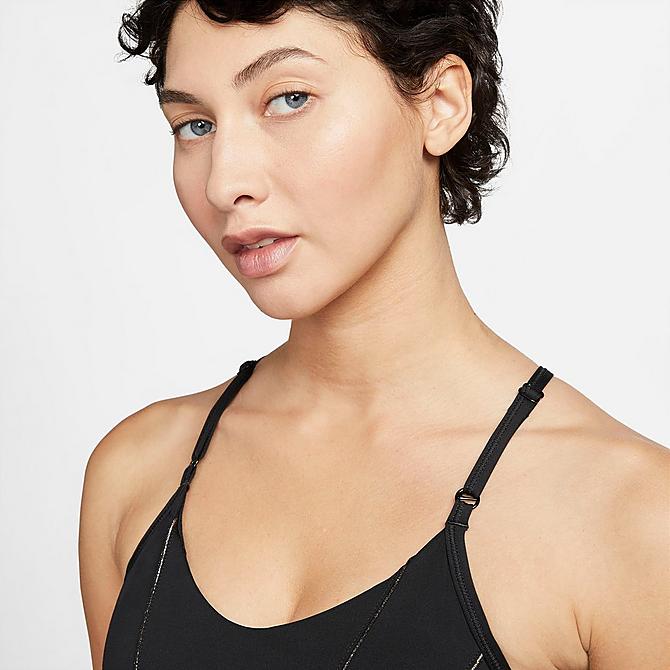 Back Right view of Women's Nike Yoga Dri-FIT Indy Metallic Tape Light-Support Padded Sports Bra in Black/Dark Smoke Grey Click to zoom