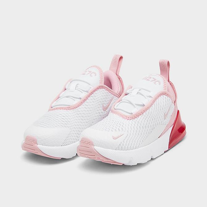 Three Quarter view of Girls' Toddler Nike Air Max 270 Casual Shoes in White/Pink Glaze/Pink Salt Click to zoom