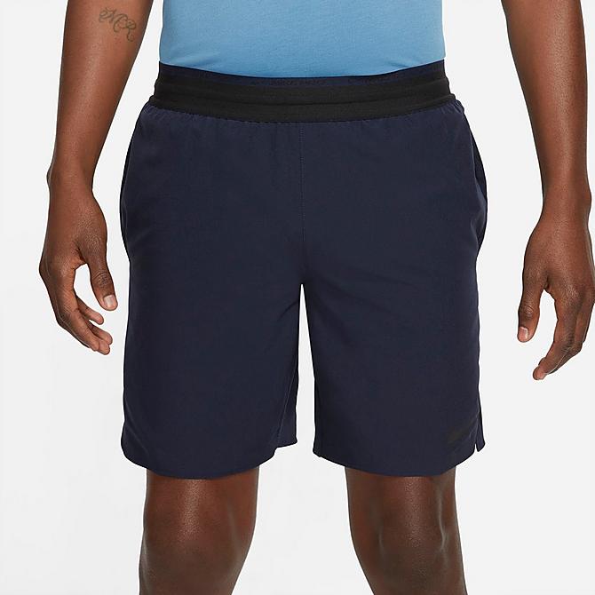 Front Three Quarter view of Men's Nike Pro Dri-FIT Flex Rep Training Shorts in Obsidian/Black Click to zoom