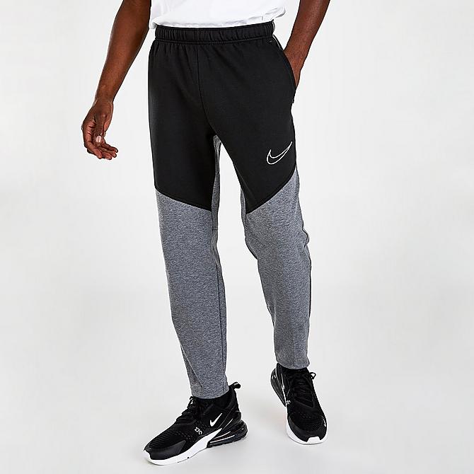Front Three Quarter view of Men's Nike Therma-FIT Training Pants in Black/Heather/Black/White Click to zoom