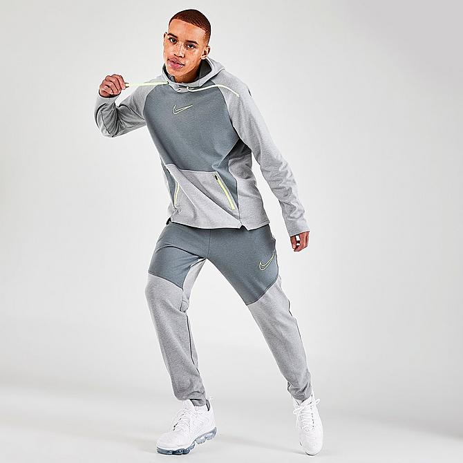 Front Three Quarter view of Men's Nike Therma-FIT Pullover Training Hoodie in Smoke Grey/Heather/Smoke Grey/Volt Click to zoom
