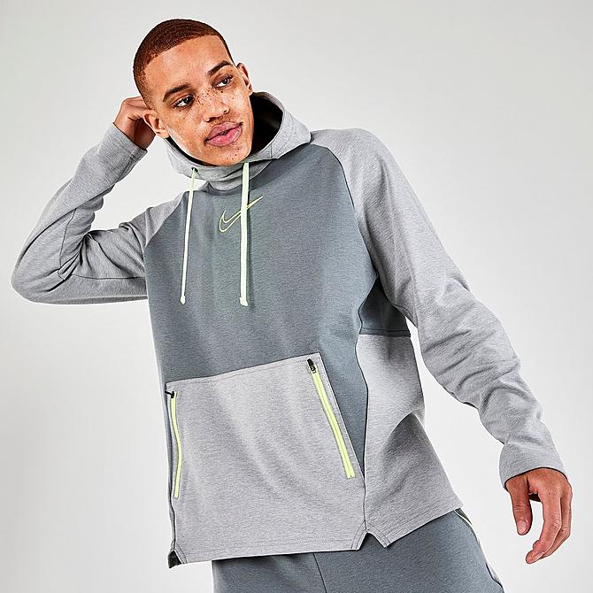 Back Left view of Men's Nike Therma-FIT Pullover Training Hoodie in Smoke Grey/Heather/Smoke Grey/Volt Click to zoom