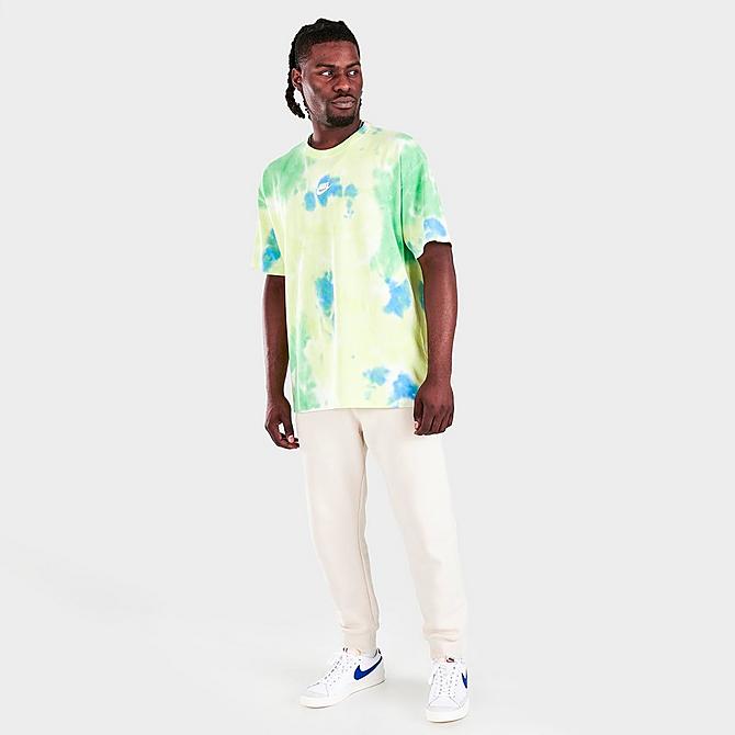 Front Three Quarter view of Men's Nike Sportswear Essential Tie-Dye T-Shirt in Light Lemon Twist/White/Light Green Spark/White Click to zoom