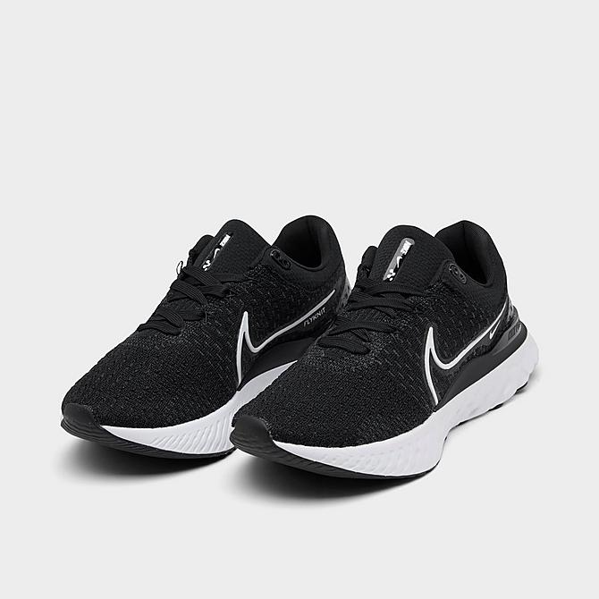Three Quarter view of Women's Nike React Infinity Run Flyknit 3 Running Shoes in Black/White Click to zoom