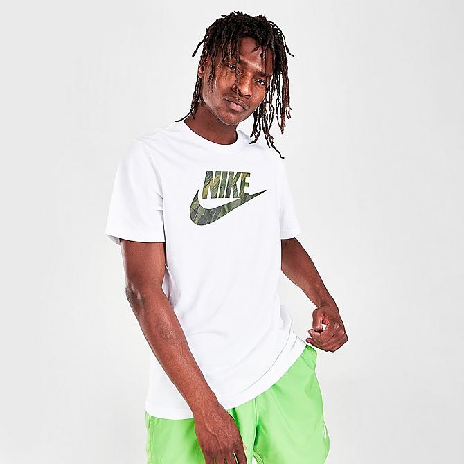 Back Left view of Men's Nike Sportswear Essential Camo Graphic T-Shirt in White/Rough Green Click to zoom