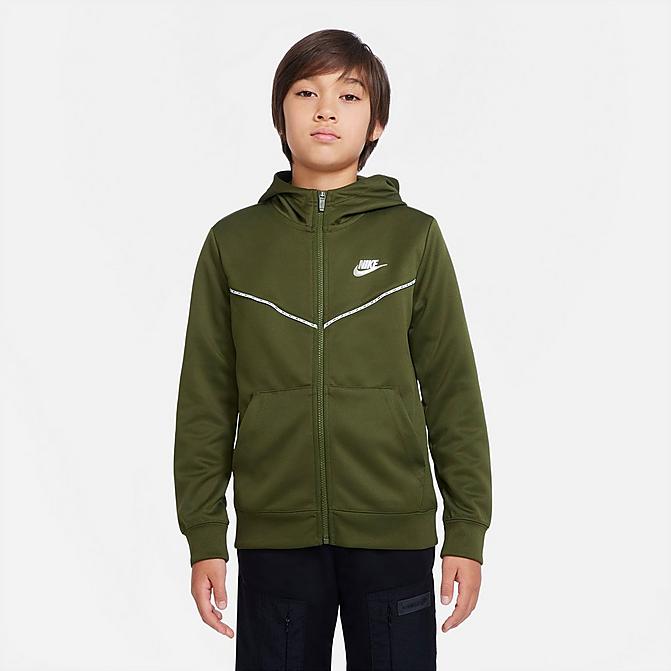 Front view of Boys' Nike Sportswear Full-Zip Hoodie in Rough Green/Rough Green/White Click to zoom
