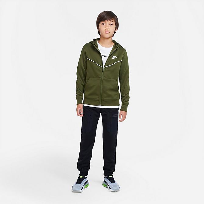 Front Three Quarter view of Boys' Nike Sportswear Full-Zip Hoodie in Rough Green/Rough Green/White Click to zoom