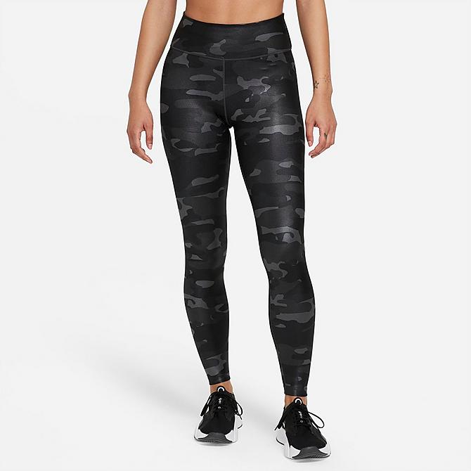 Front Three Quarter view of Women's Nike Dri-FIT One Mid-Rise Camo Leggings in Dark Smoke Grey/White Click to zoom