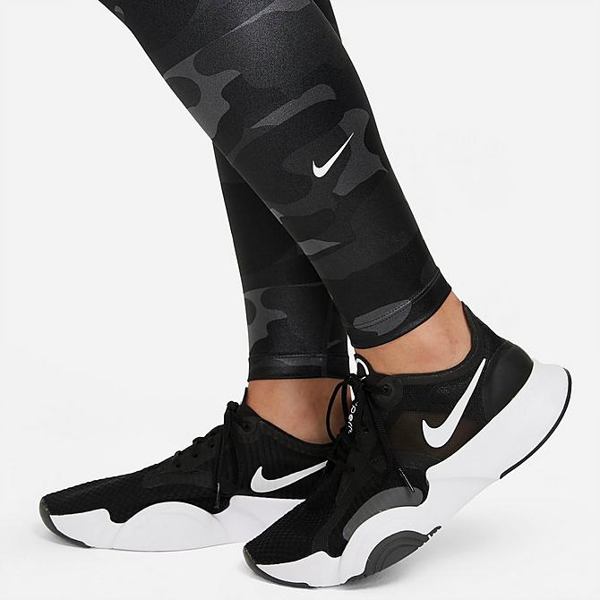 On Model 6 view of Women's Nike Dri-FIT One Mid-Rise Camo Leggings in Dark Smoke Grey/White Click to zoom
