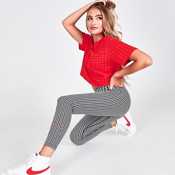 Front view of Women's Nike Dri-FIT One Icon Clash Mid-Rise Cropped Printed Leggings in White/Black/Chile Red Click to zoom