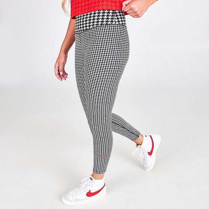 Front Three Quarter view of Women's Nike Dri-FIT One Icon Clash Mid-Rise Cropped Printed Leggings in White/Black/Chile Red Click to zoom